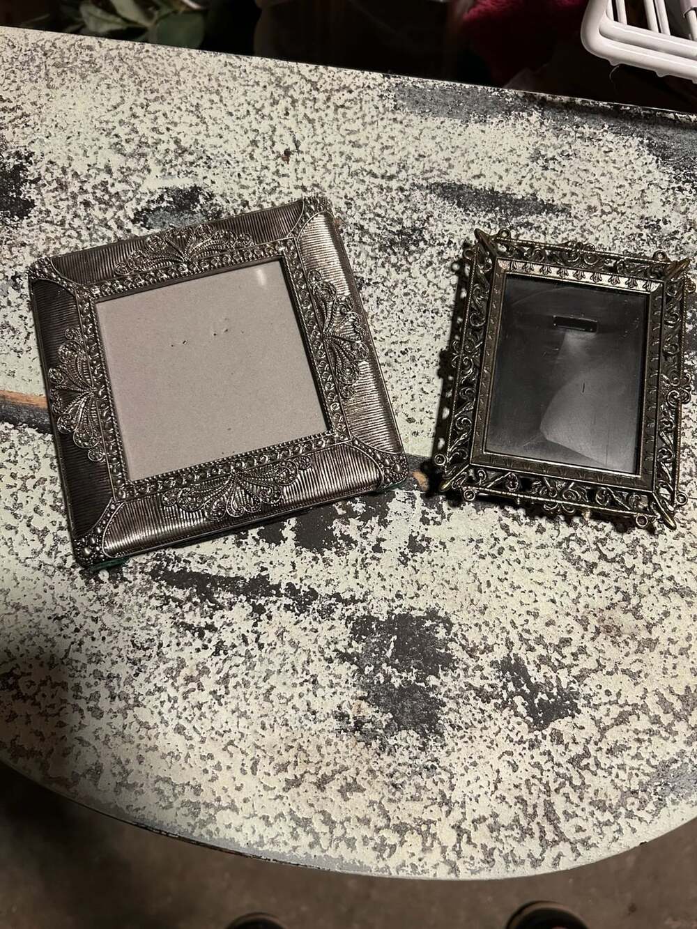 Set of 2 Ornate Silver Metal Picture Frames 2.5x3.5 and 4x4